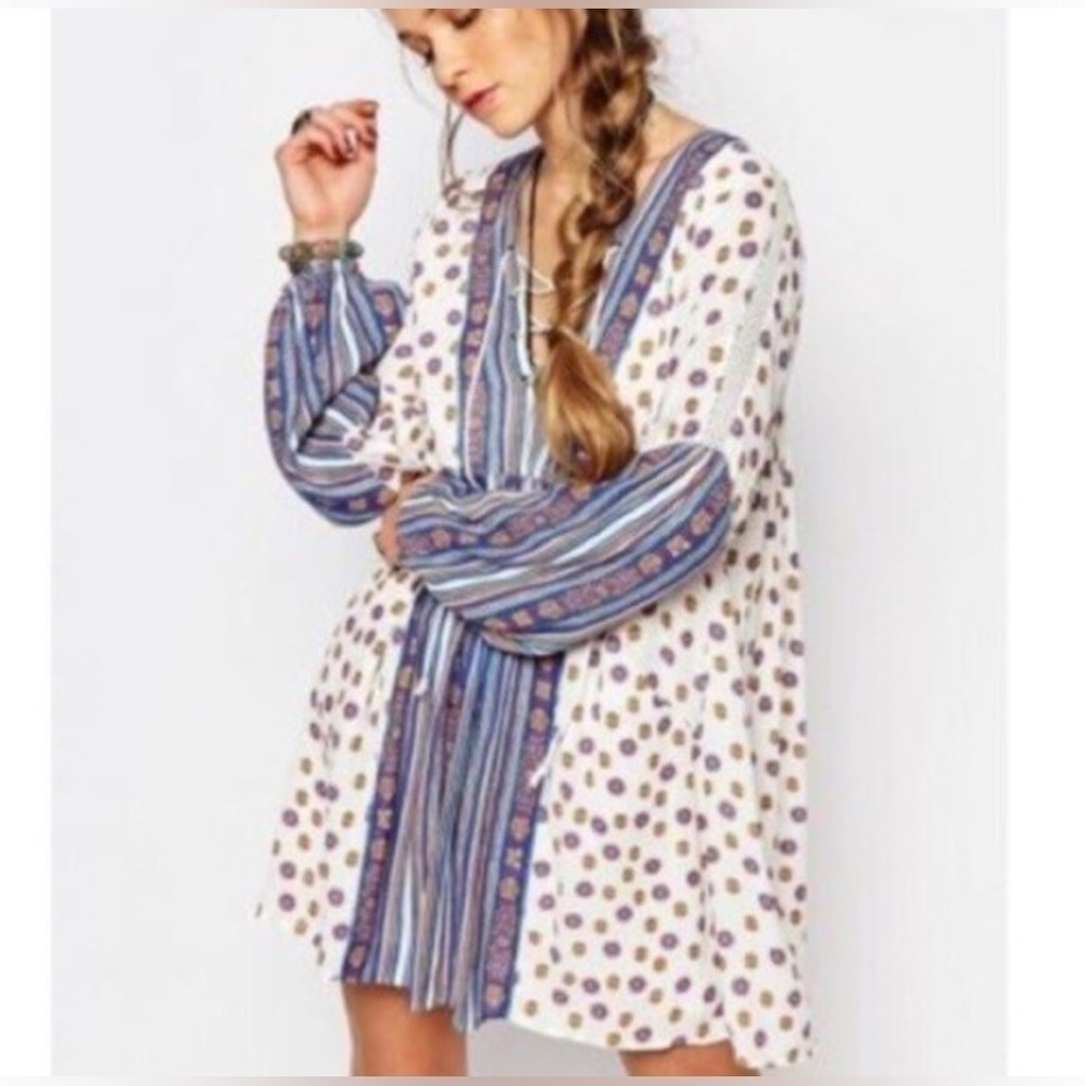 Free People Rain or shine mini boho dress cream blue sz XS - Picture 2 of 9